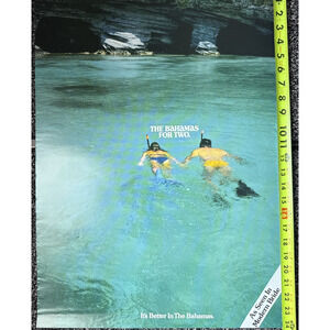 Vintage Bahamas Travel Poster Caribbean Tourism Snorkeling Couple Ocean Caves
